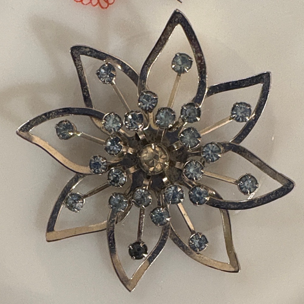 Source Unknown Blue and Silver Floral Brooch